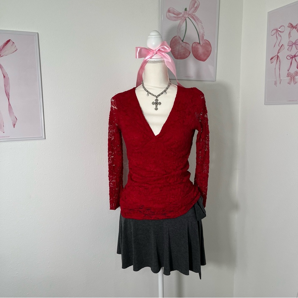 Vintage 90s Wrapper Red Lace Babydoll 3/4 Sleeve Top Womens Size Medium